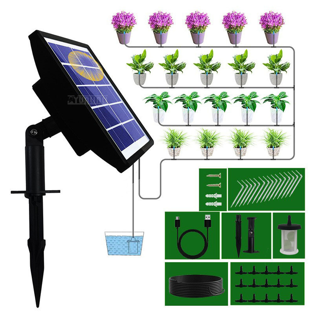 Solar Drip Irrigation Kit Garden - Micro-Spray Kit, Solar-Powered Automatic Watering System—A